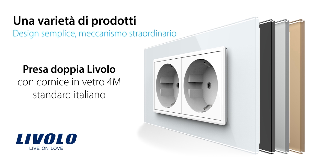 Presa doppia Livolo con cornice in vetro 4M, standard italiano, nuova serie