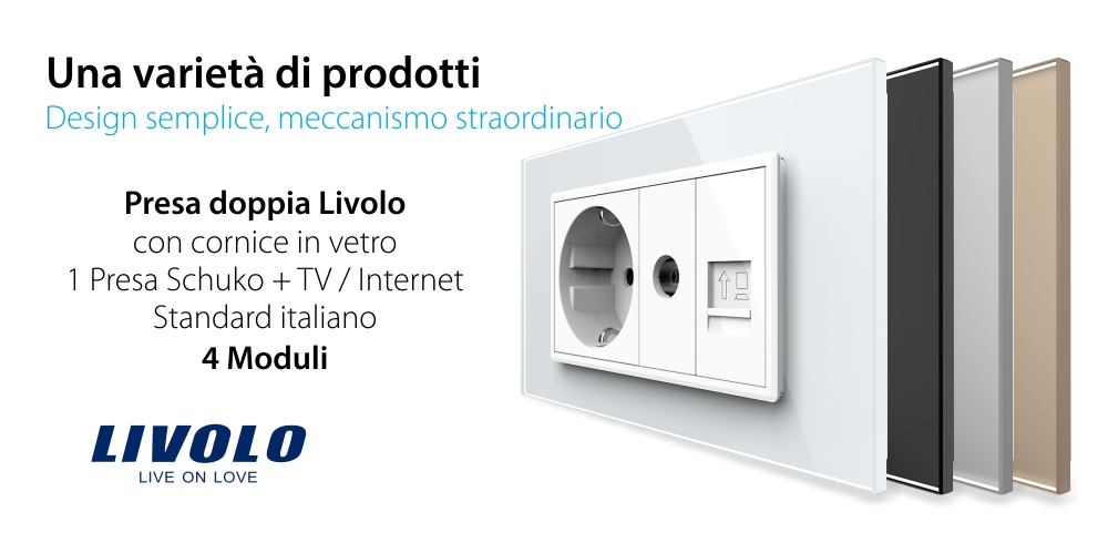 Presa doppia Livolo con cornice in vetro 1 Presa Schuko + TV / Internet, Standard italiano – Nuova serie