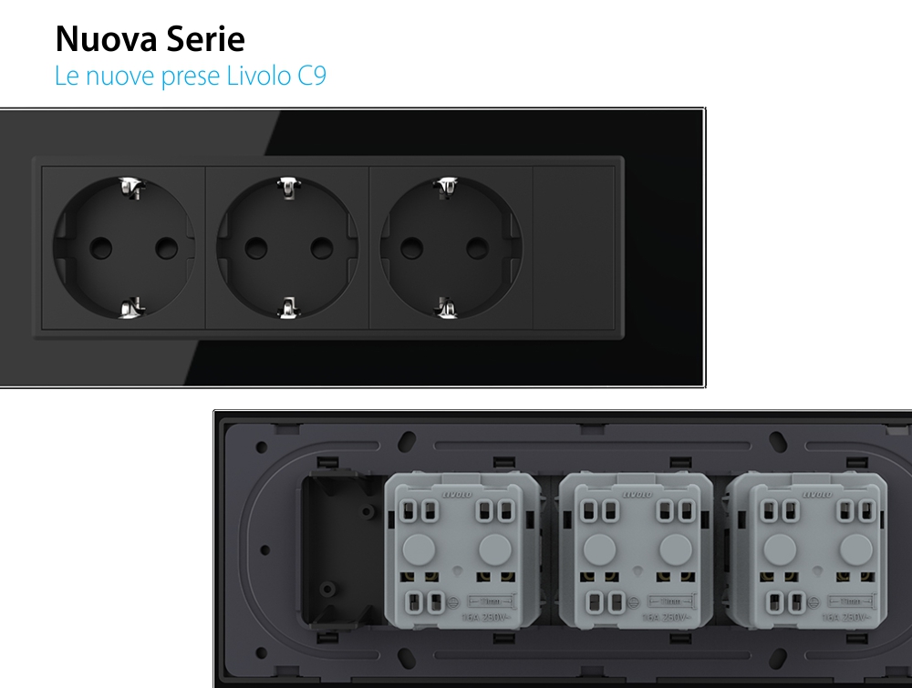 Presa tripla Livolo con tasto falso cornice in vetro 6/7 moduli – standard italiano