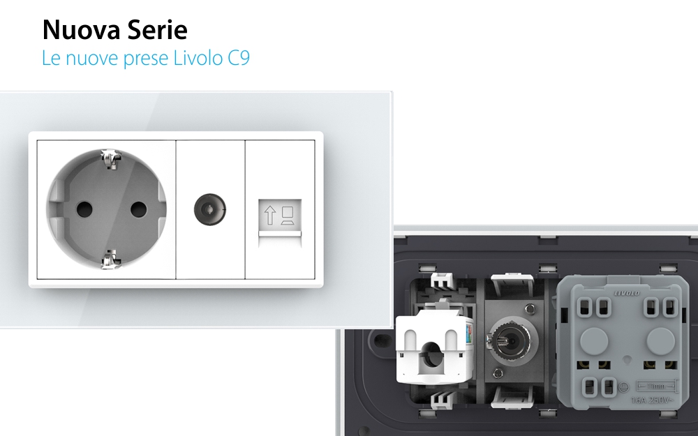 Presa doppia Livolo con cornice in vetro 1 Presa Schuko + TV / Internet, Standard italiano – Nuova serie