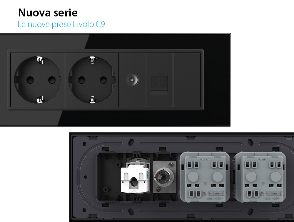 Presa tripla con tasto falso Livolo cornice in vetro 2 prese Schuko + TV/internet, standard italiano – Nuova serie