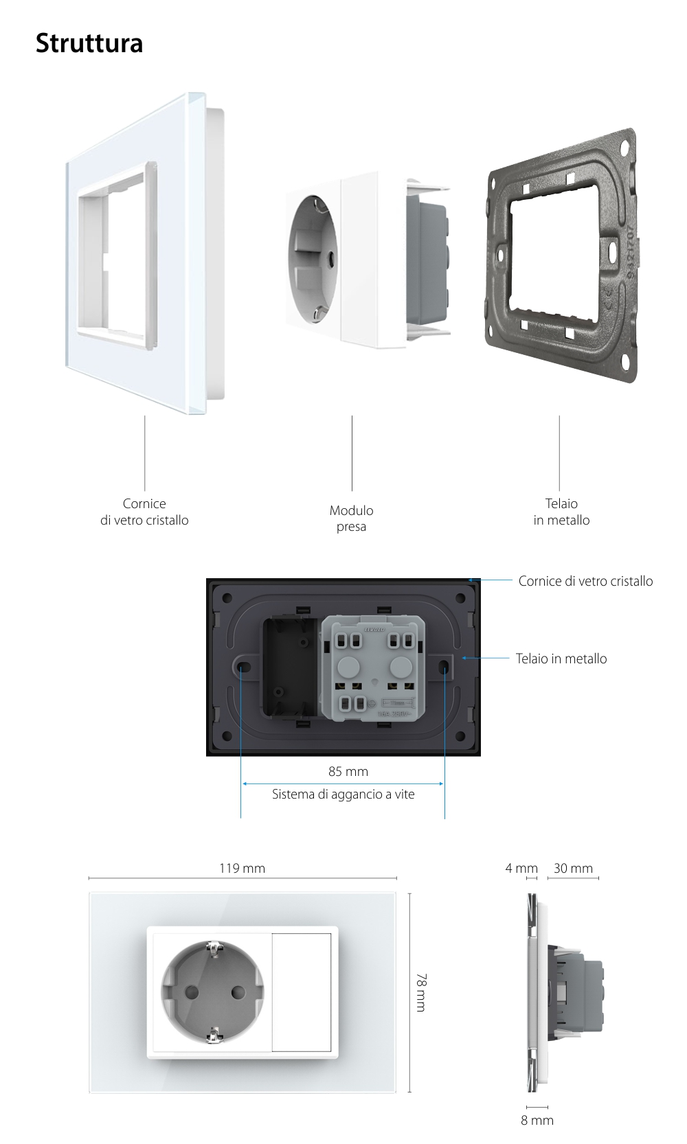 Presa SCHUKO con tasto falso e cornice in vetro 3M, standard italiano, nuova serie