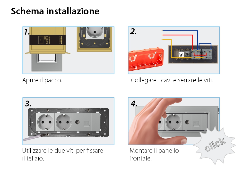 Presa tripla con tasto falso Livolo cornice in vetro 2 prese Schuko + TV/internet, standard italiano – Nuova serie