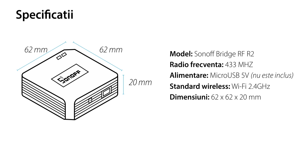 Hub intelligente Sonoff Bridge RF R2, Controllo tramite app, 433 MHz