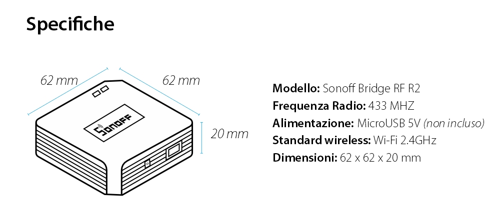 Hub intelligente Sonoff Bridge RF R2, Controllo tramite app, 433 MHz