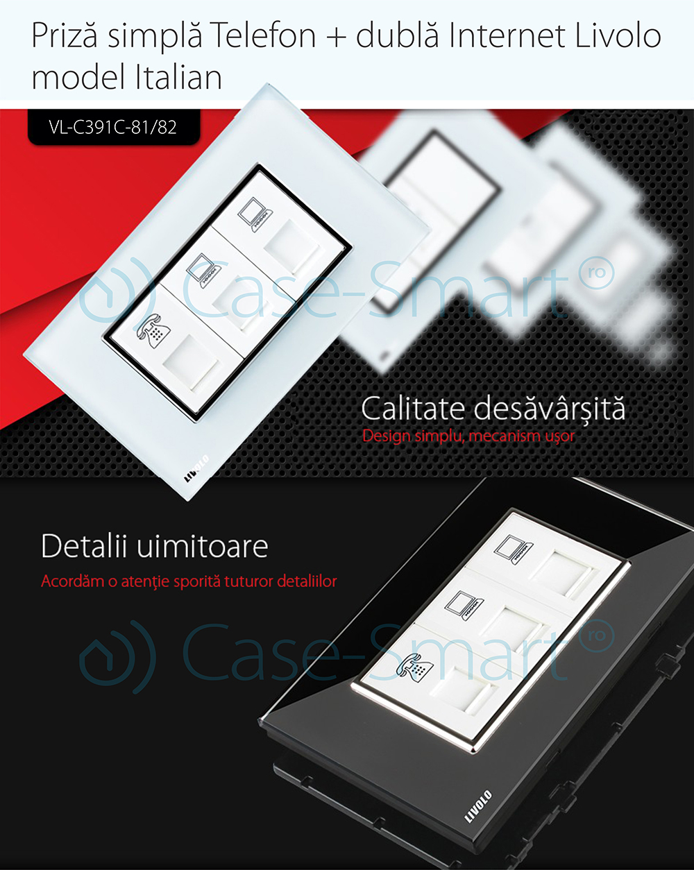 Presa telefonica + doppia presa internet Livolo con cornice in vetro – standard italiano