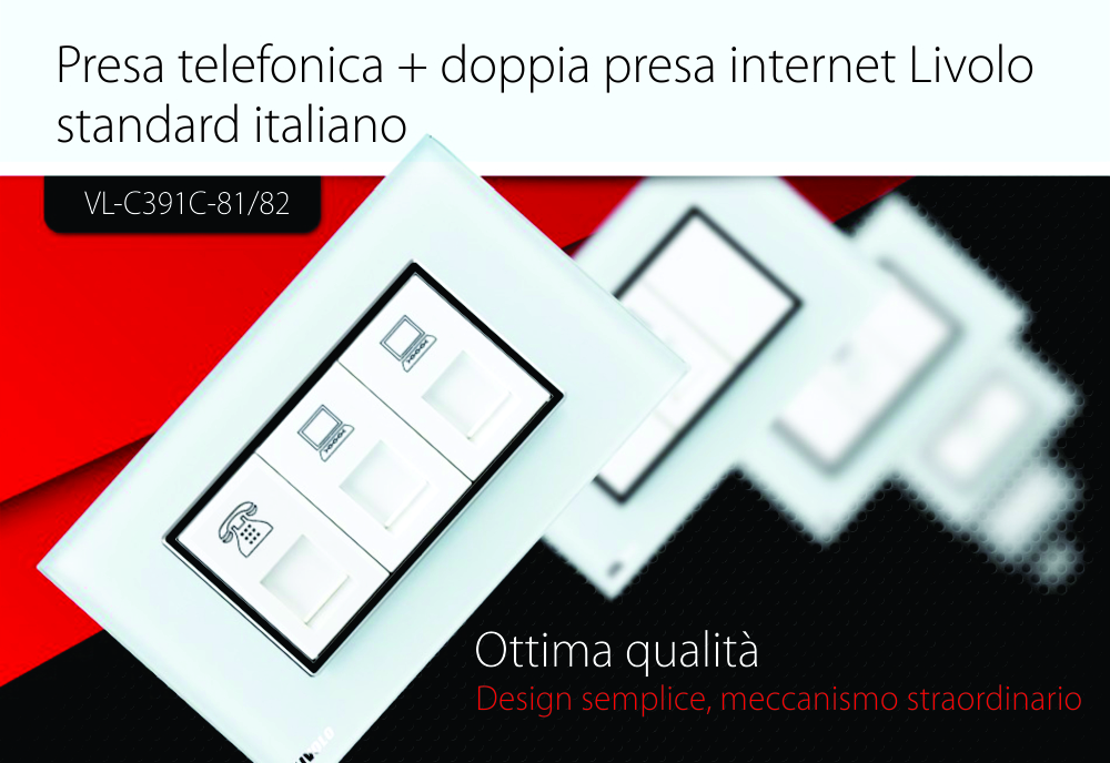 Presa telefonica + doppia presa internet Livolo con cornice in vetro – standard italiano