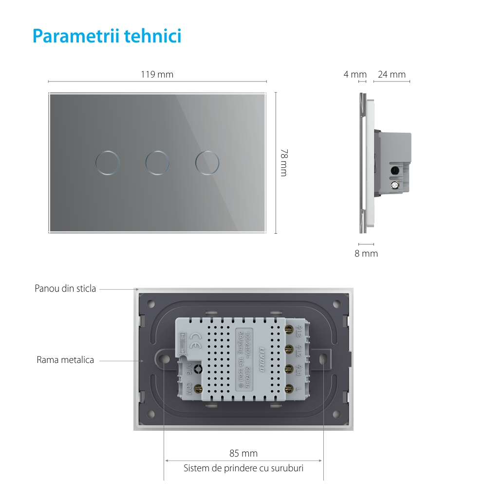 Interruttore triplo deviatore / invertitore touch Livolo in vetro, standard italiano – Nuova serie