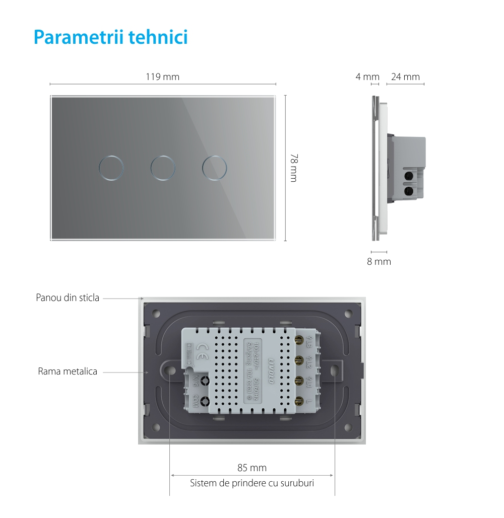 Interruttore triplo in vetro Livolo touch, standard italiano – Nuova serie