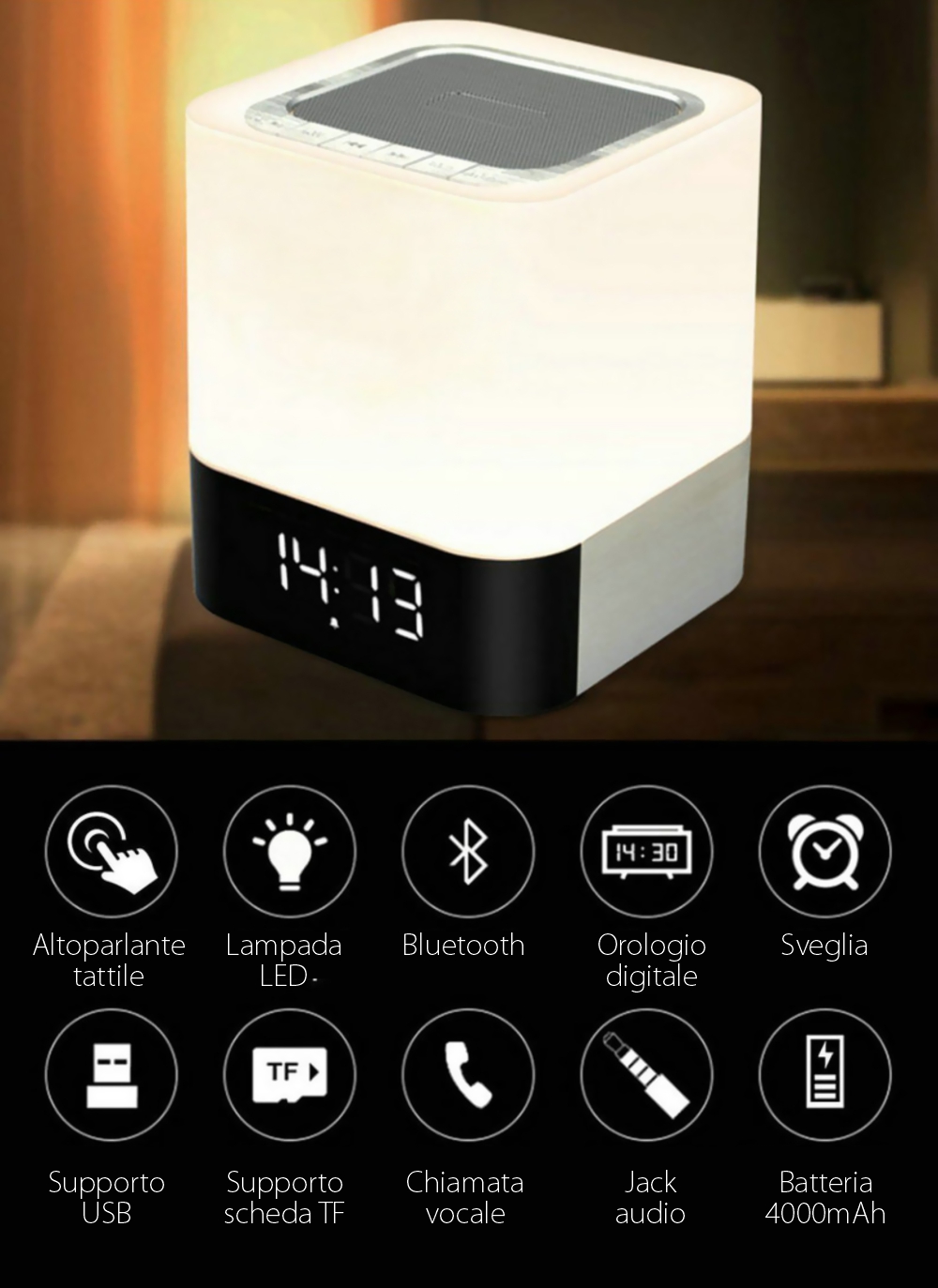 Cassa portatile e lampada Red Sun DY-28 con touch, sveglia e Bluetooth