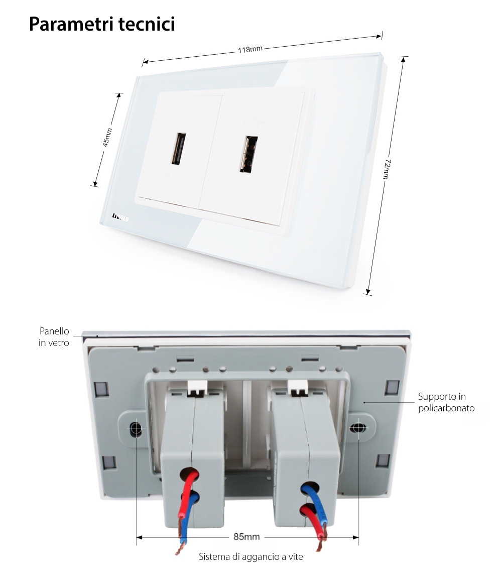 Doppia presa USB Livolo con cornice in vetro – standard italiano