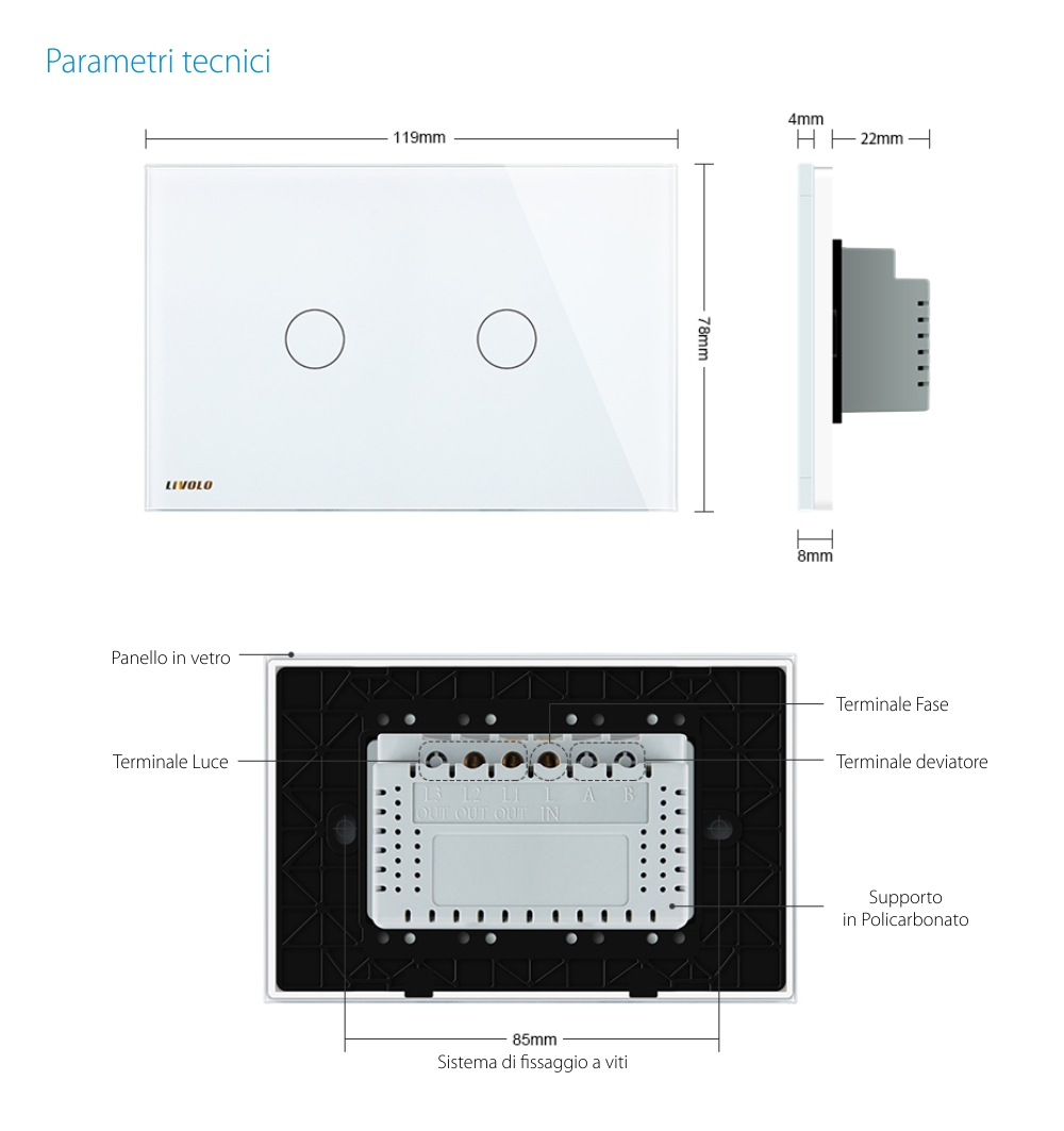 Interruttore Doppio con Dimmer Touch Livolo in Vetro – Standard Italiano
