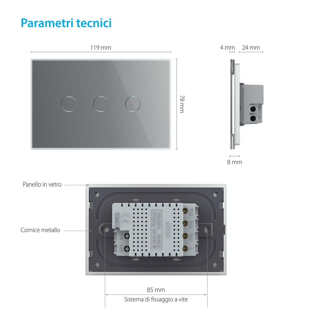 Interruttore triplo in vetro Livolo touch, standard italiano – Nuova serie