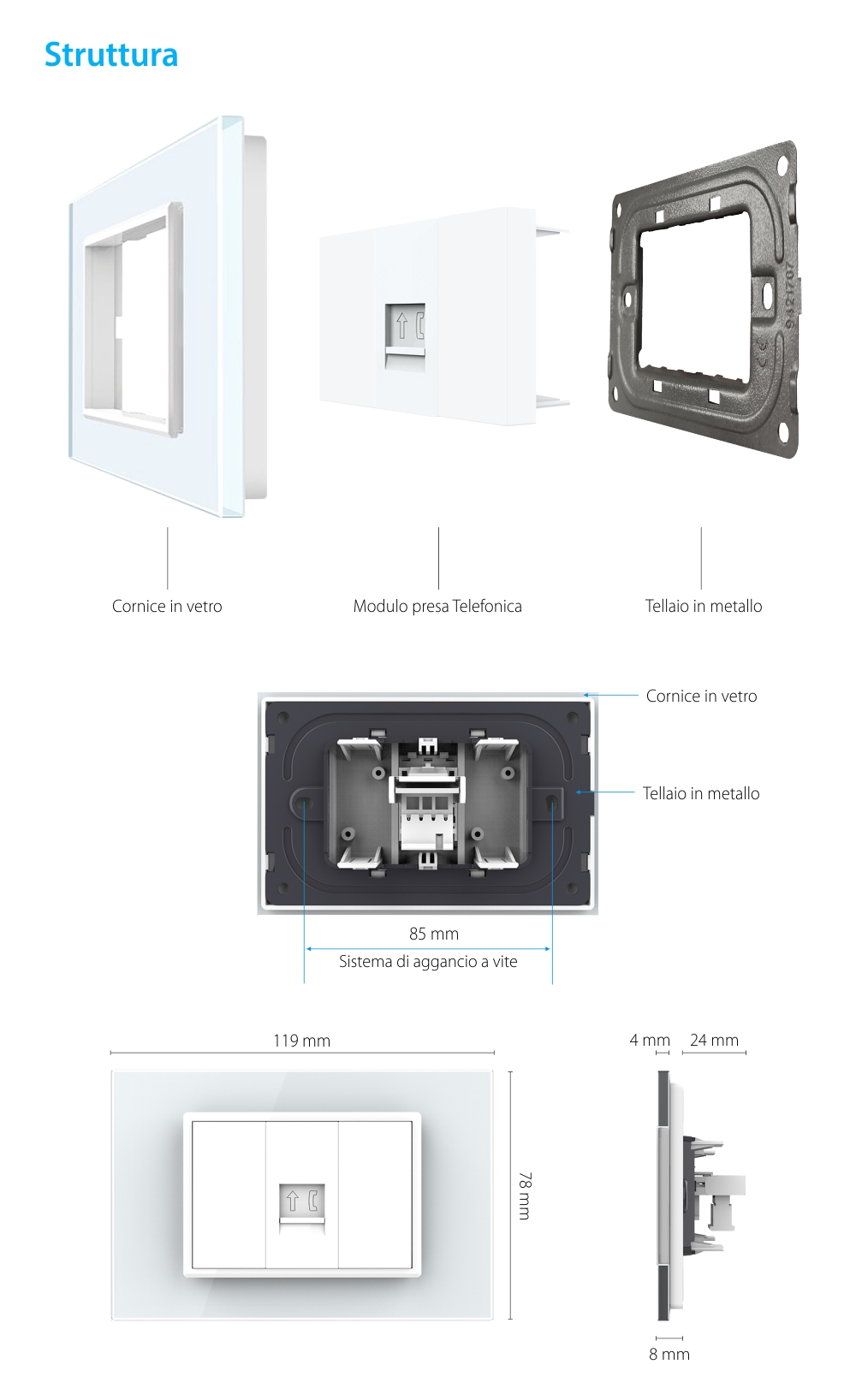 Presa Telefonica LIVOLO con Cornice in Vetro, Standard Italiano