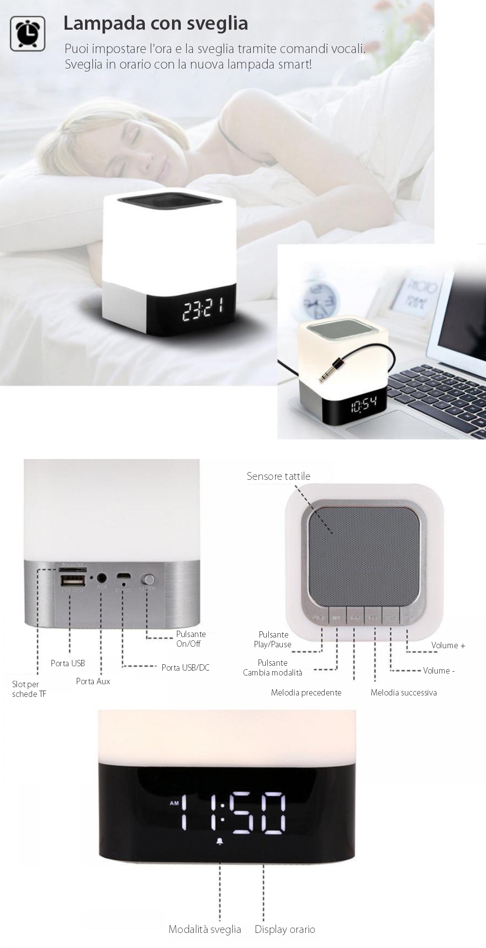 Cassa portatile e lampada Red Sun DY-28 con touch, sveglia e Bluetooth