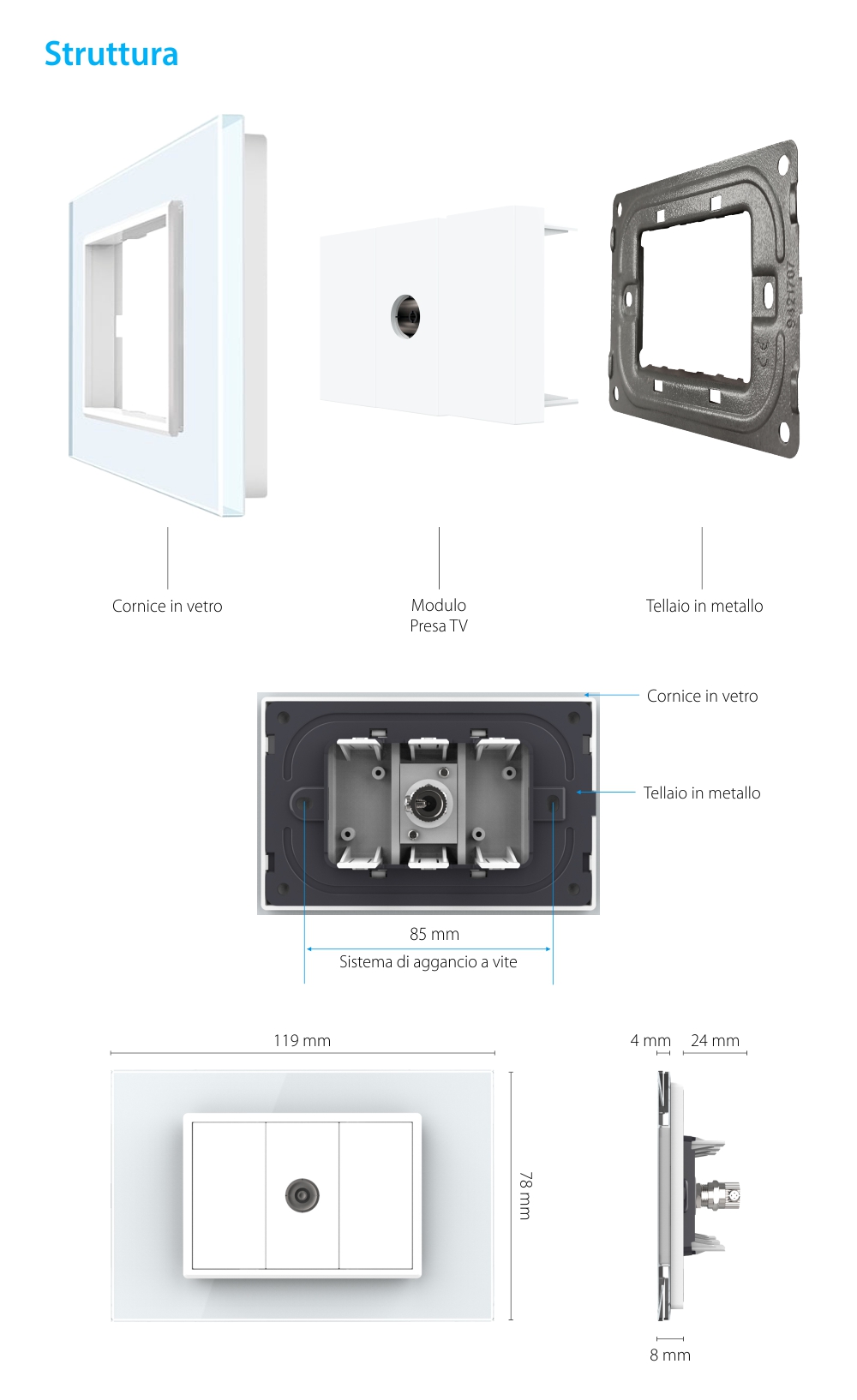 Presa TV Semplice Livolo con Cornice in Vetro – Nuova Serie, Standard italiano