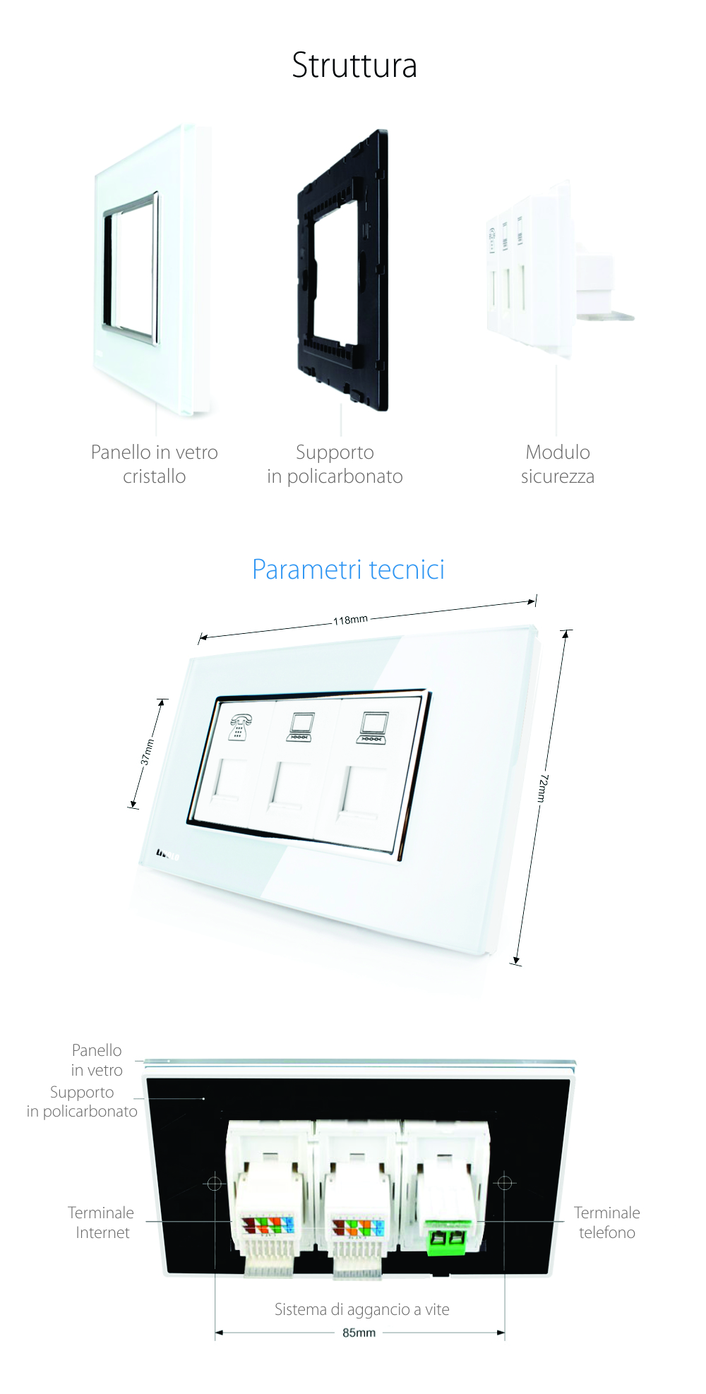 Presa telefonica + doppia presa internet Livolo con cornice in vetro – standard italiano