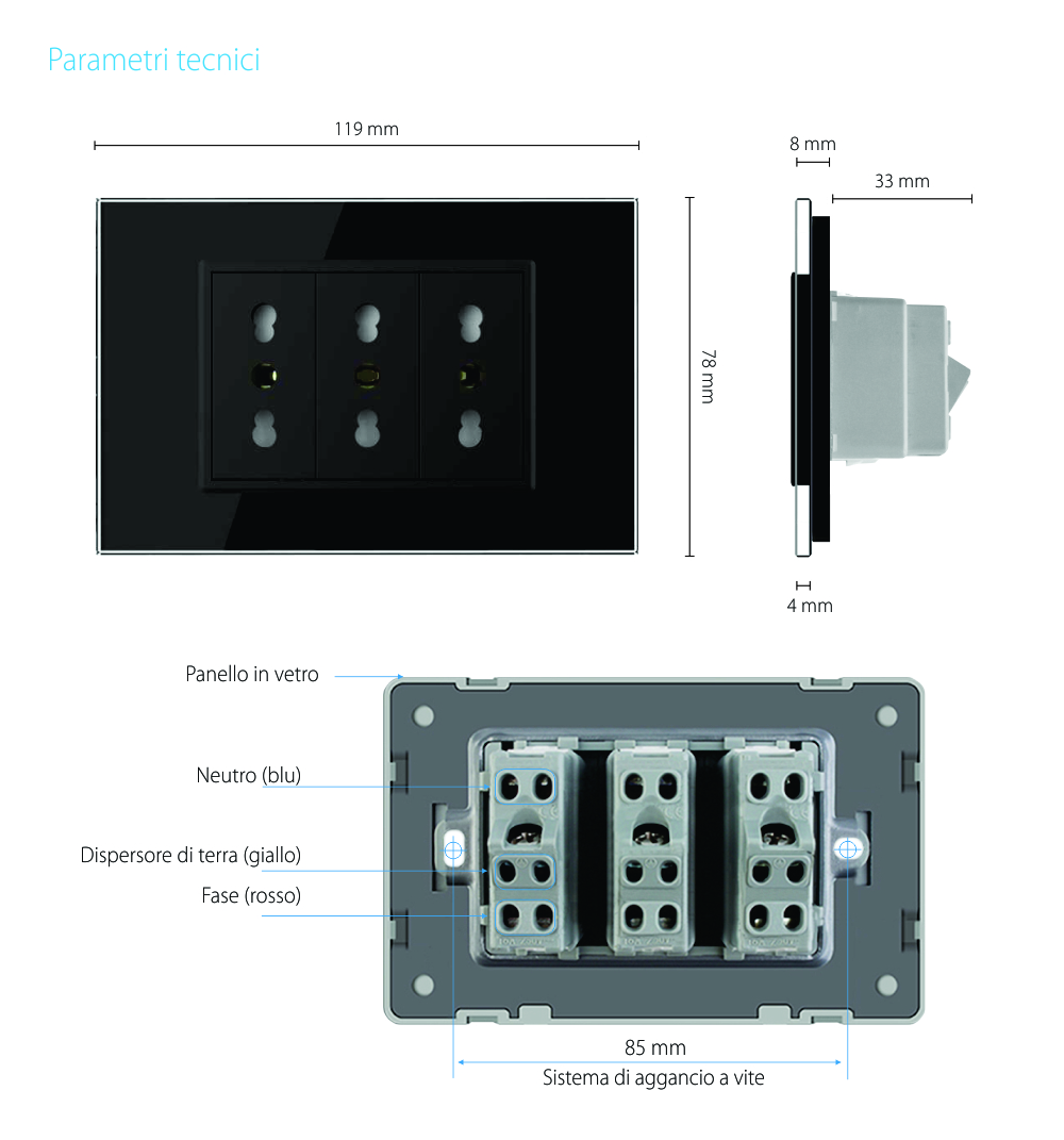Presa tripla italiana Livolo con cornice in vetro – standard italiano