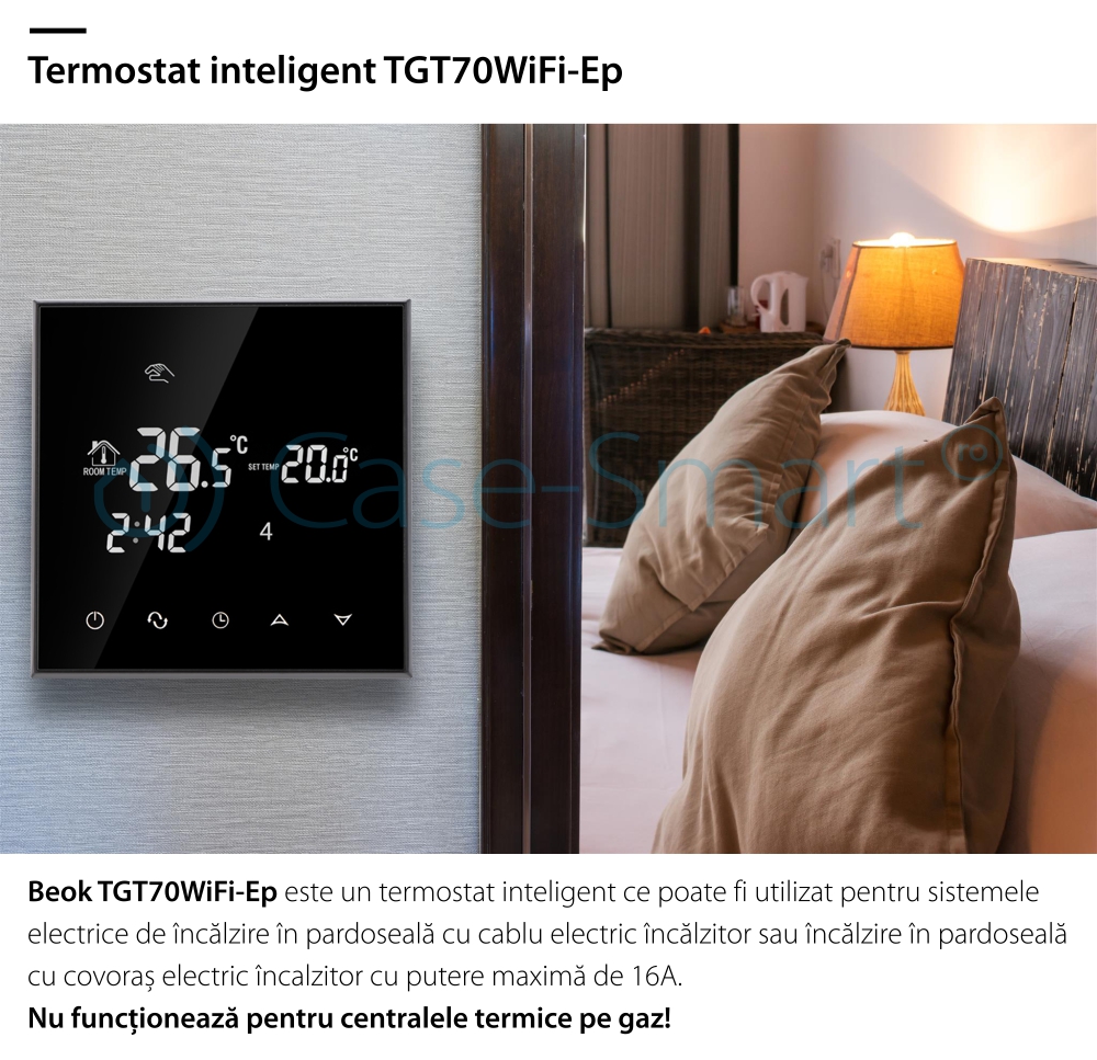 Termostato Wi-Fi per riscaldamento elettrico a pavimento BeOK TGT70WIFI-EP, Applicazione mobile Smart Life.