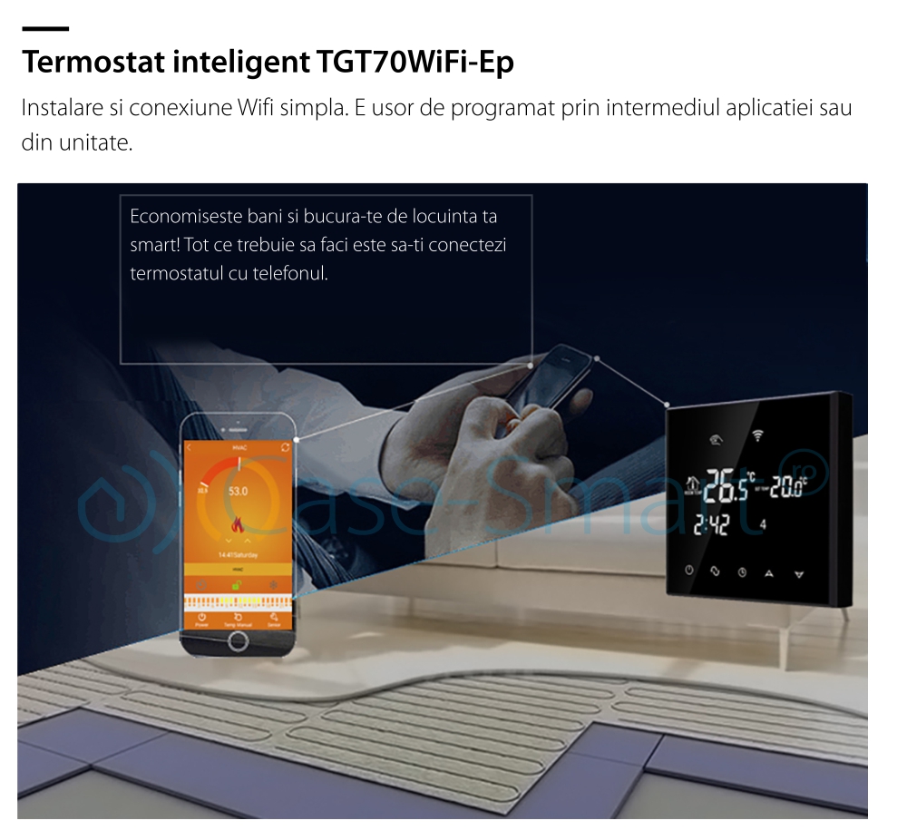 Termostato Wi-Fi per riscaldamento elettrico a pavimento BeOK TGT70WIFI-EP, Applicazione mobile Smart Life.