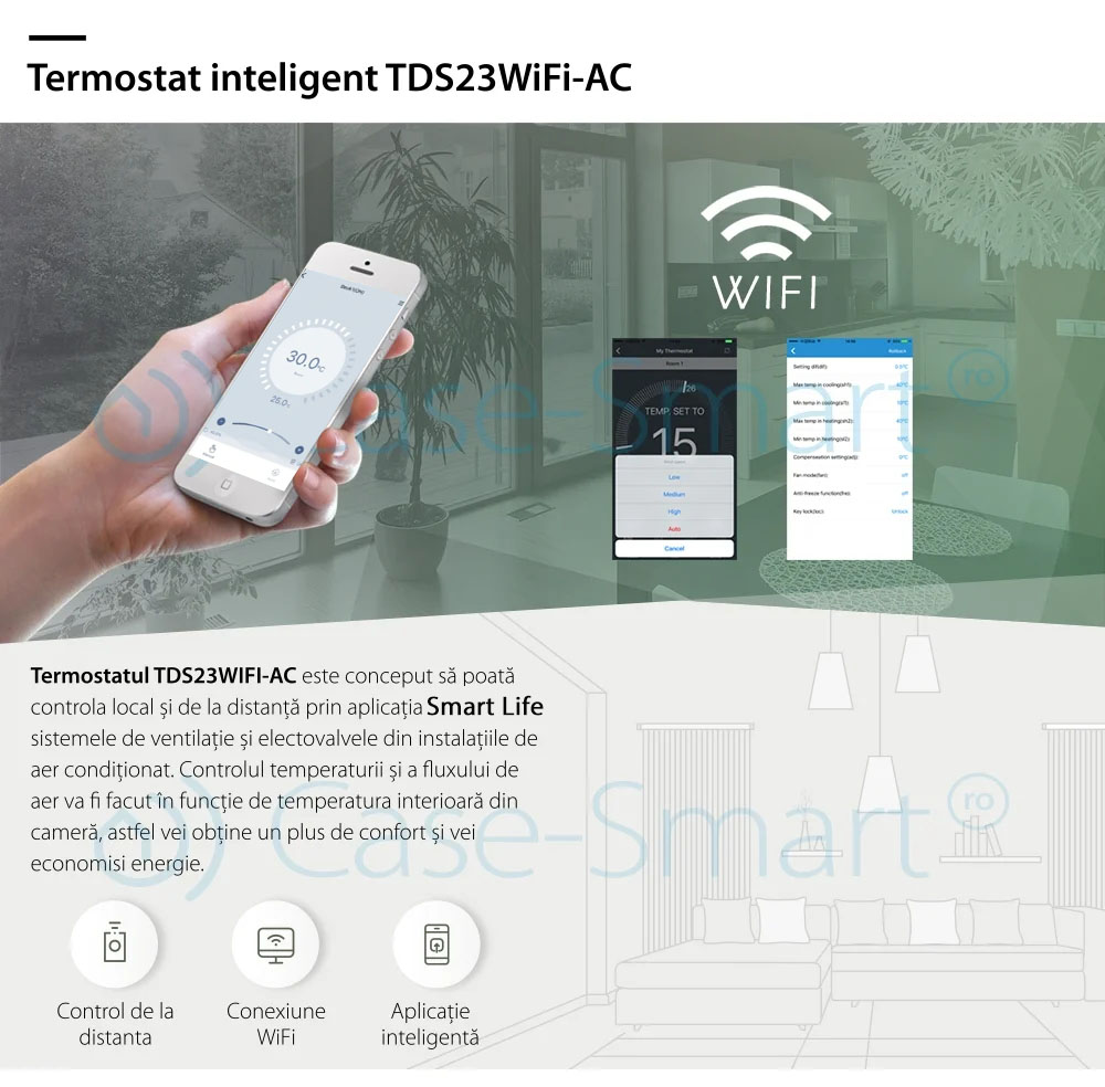Termostato cablato per condizionatore d’aria BeOk TDS23WiFi-AC, Applicazione mobile Smart Life, compatibile con sistemi HVAC