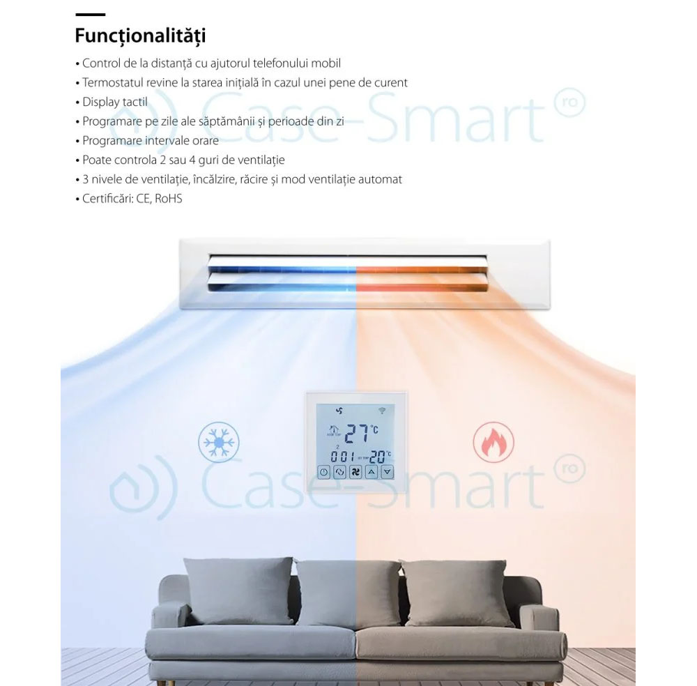 Termostato cablato per condizionatore d’aria BeOk TDS23WiFi-AC, Applicazione mobile Smart Life, compatibile con sistemi HVAC