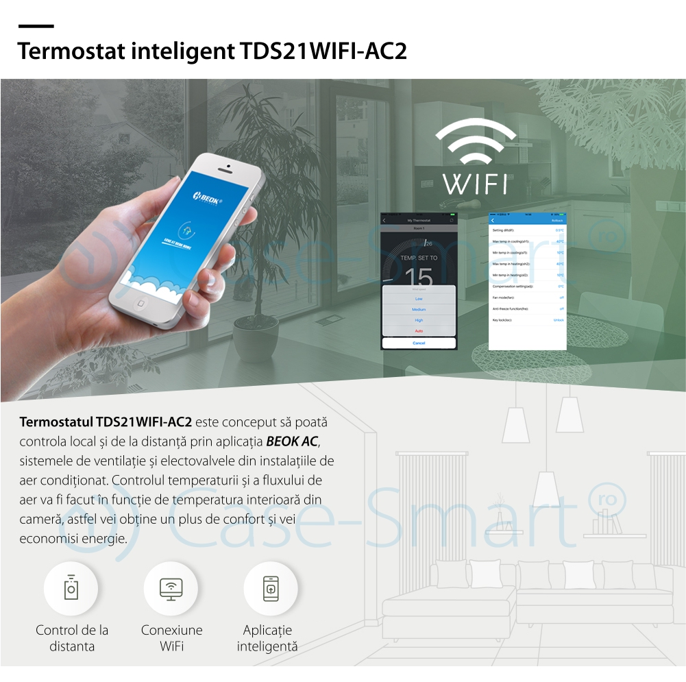 Termostato cablato per condizionatore d’aria BeOk TDS21WIFI-AC2, controllo da telefono cellulare, compatibile con sistemi HVAC
