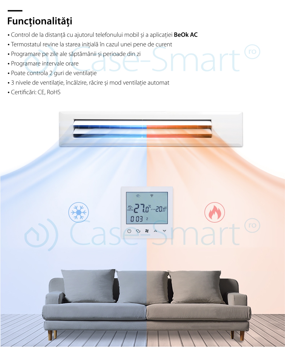 Termostato cablato per condizionatore d’aria BeOk TDS21WIFI-AC2, controllo da telefono cellulare, compatibile con sistemi HVAC