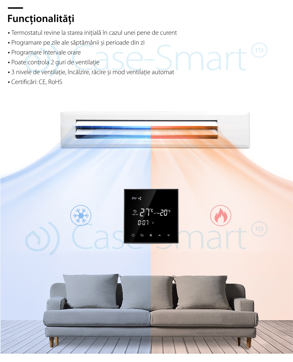 Termostato con cavo per aria condizionata BeOk TGT70-AC2, compatibile con sistemi HVAC.