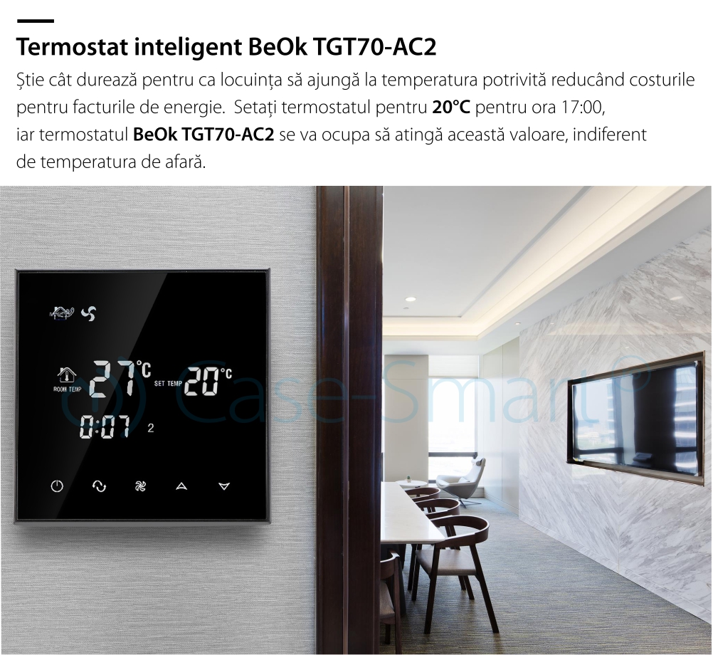 Termostato con cavo per aria condizionata BeOk TGT70-AC2, compatibile con sistemi HVAC.