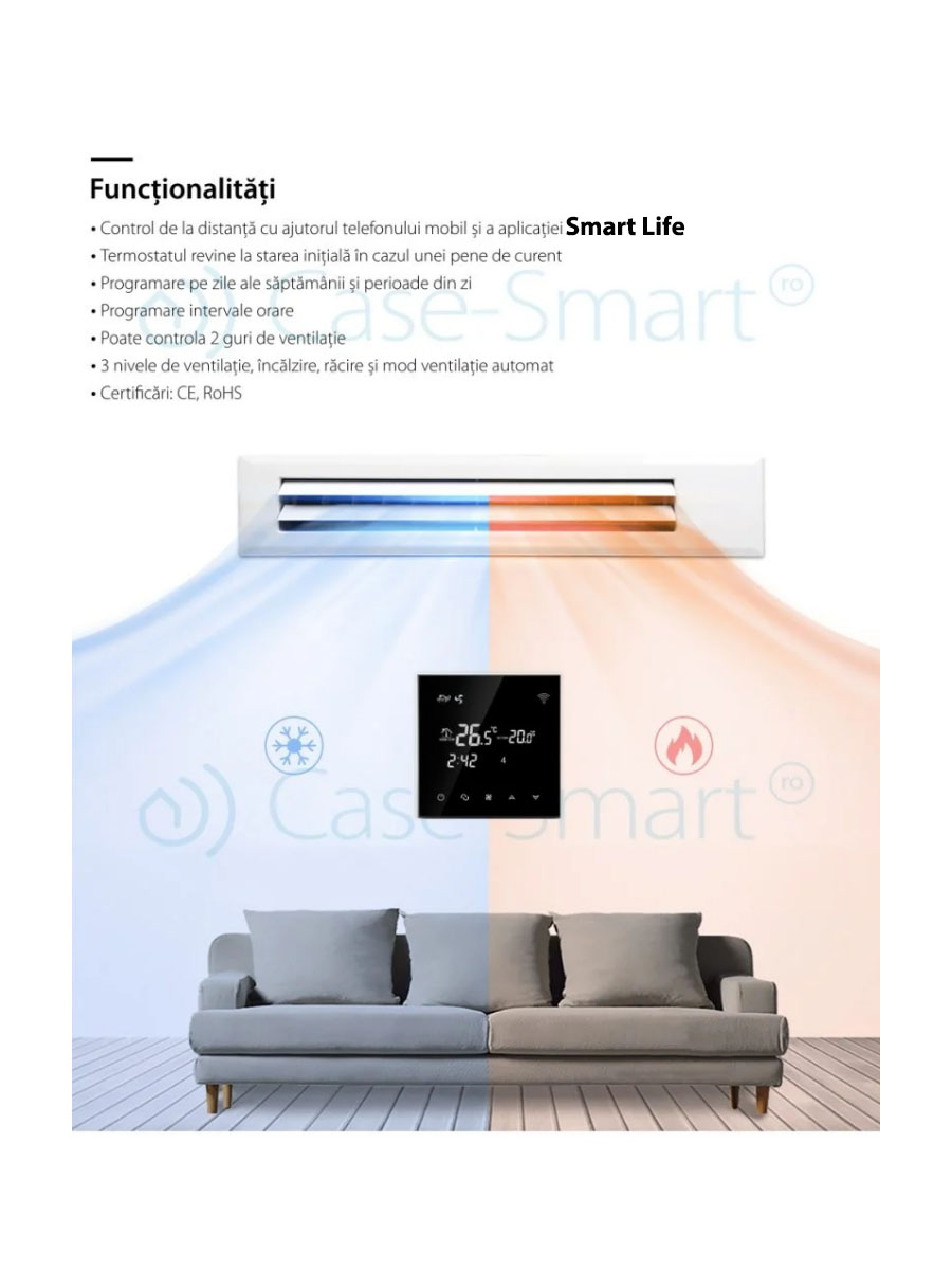 Termostato cablato per aria condizionata BeOk TGT70WIFI-AC2, Applicazione mobile Smart Life, Compatibile con sistemi HVAC