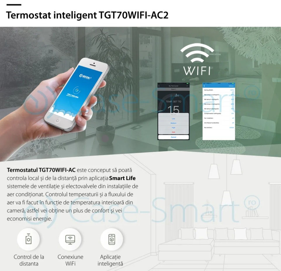 Termostato cablato per aria condizionata BeOk TGT70WIFI-AC2, Applicazione mobile Smart Life, Compatibile con sistemi HVAC
