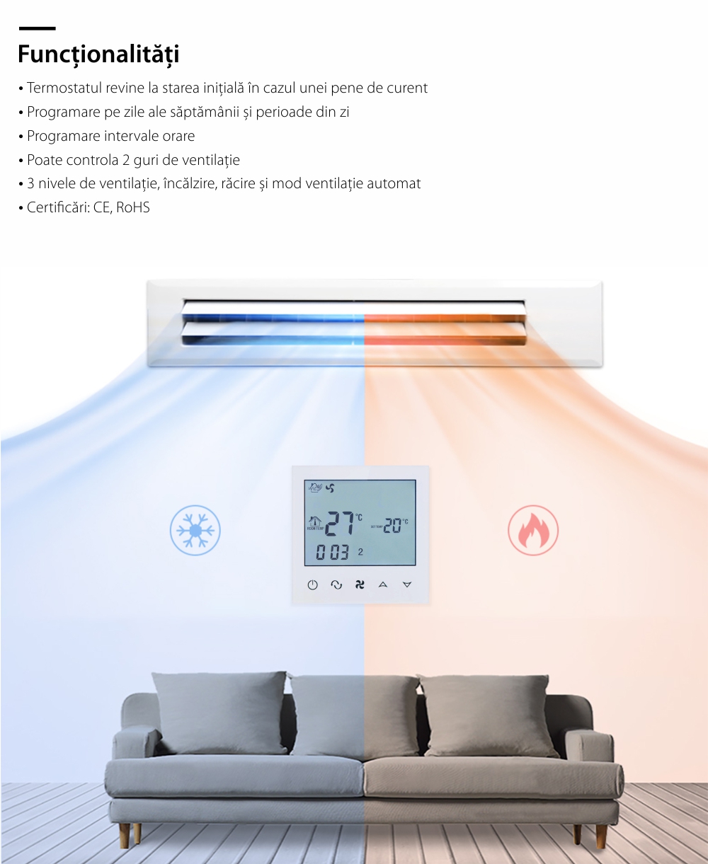 Termostato cablato per condizionatore d’aria BeOk TDS21-AC2, compatibile con sistemi HVAC