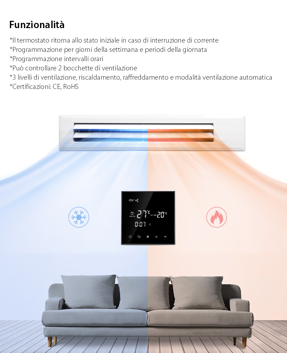 Termostato con cavo per aria condizionata BeOk TGT70-AC2, compatibile con sistemi HVAC