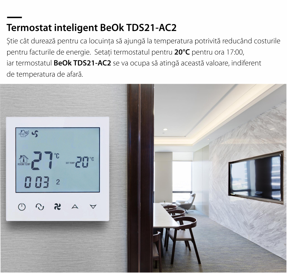 Termostato cablato per condizionatore d’aria BeOk TDS21-AC2, compatibile con sistemi HVAC