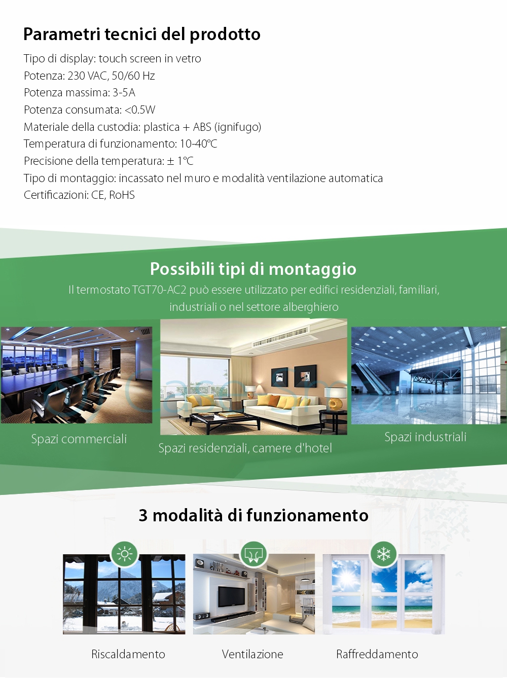 Termostato con cavo per aria condizionata BeOk TGT70-AC2, compatibile con sistemi HVAC