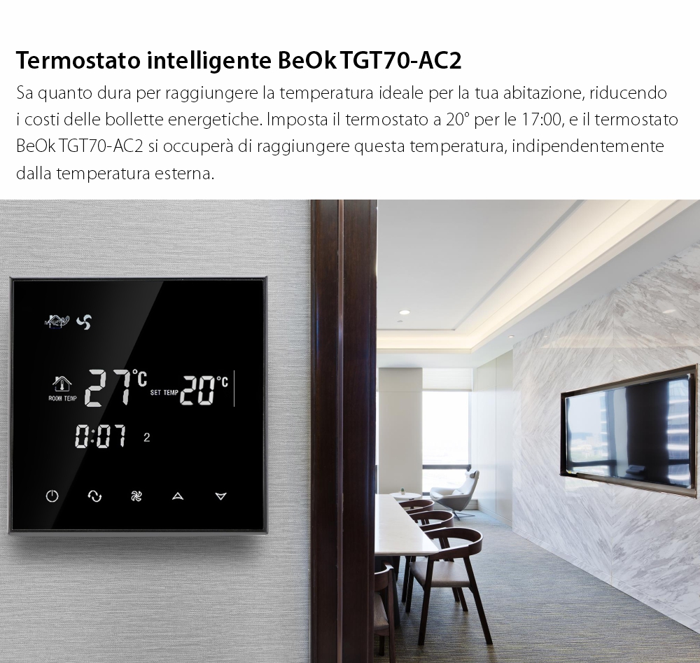 Termostato con cavo per aria condizionata BeOk TGT70-AC2, compatibile con sistemi HVAC