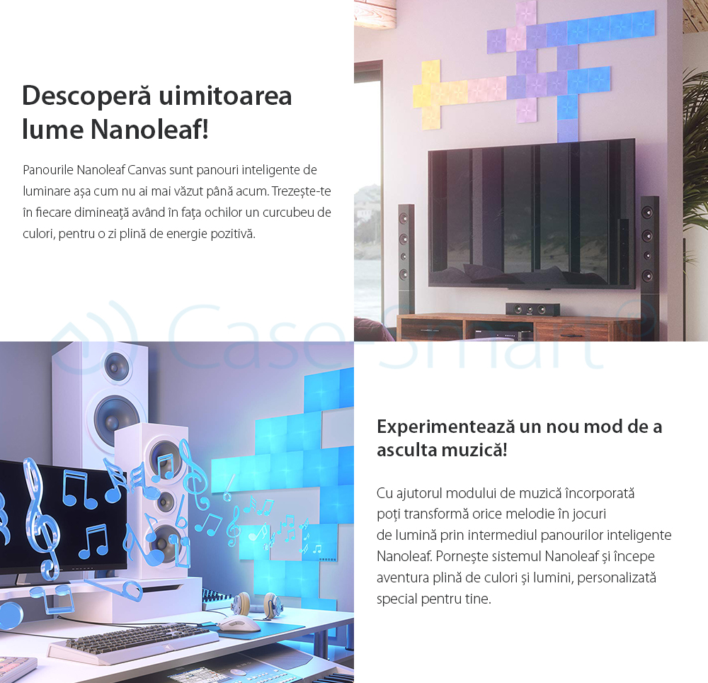 Pacchetto 4 Pannelli Luminosi Intelligenti Nanoleaf Canvas con Sensore Musica per Estensione Kit Base Canvas, LED RGBW
