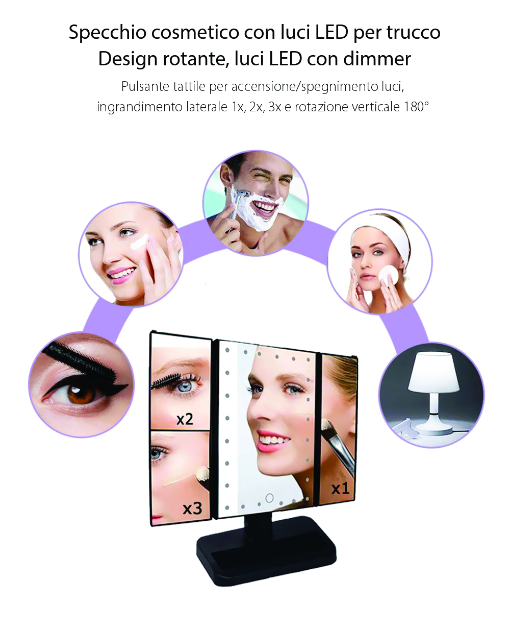 Specchio cosmetico rotante RedSun, con luci LED e dimmer per il trucco