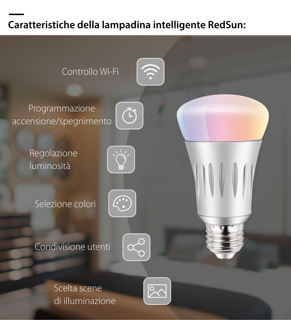 Lampadina intelligente LED RGB Wi-Fi rotonda Red Sun, controllo tramite app mobile – RS-SLD02-E27