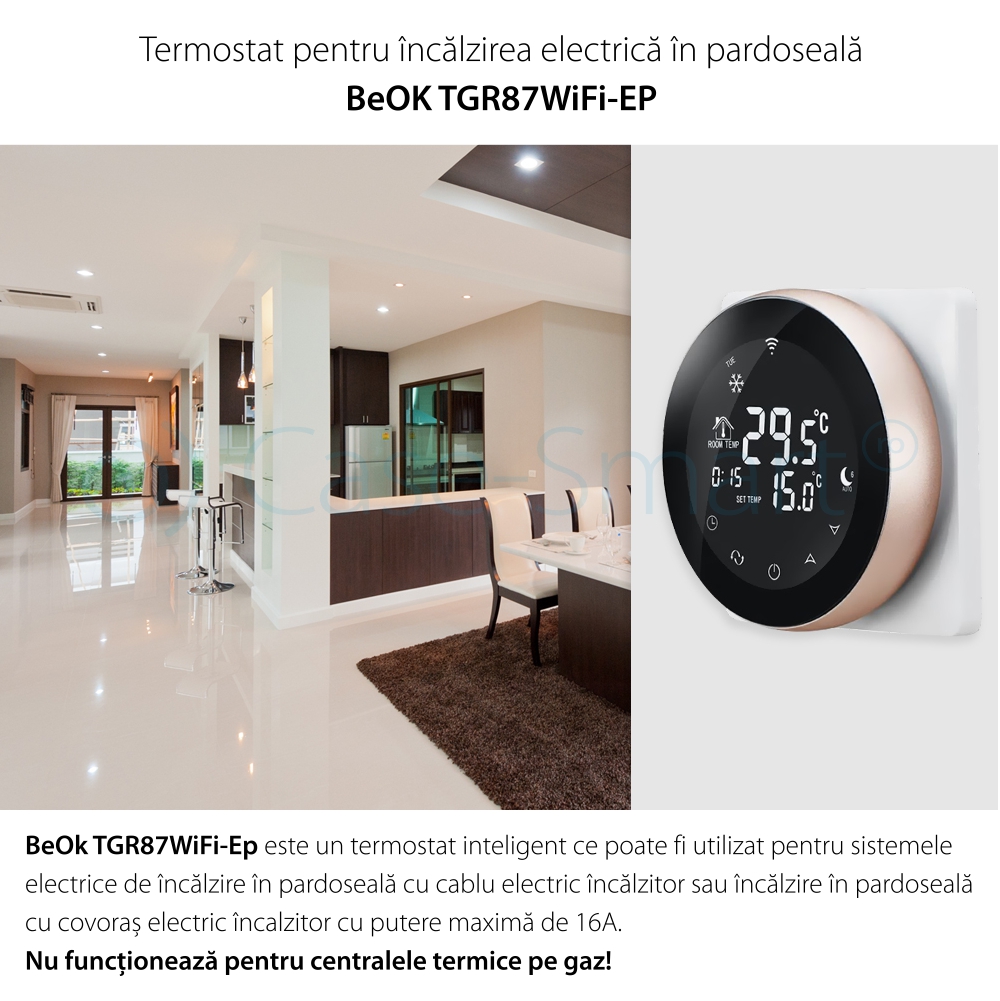 Termostato Wireless per riscaldamento elettrico a pavimento Beok TGR87WiFi-EP, Funzione Anti-gelo, Impostazione intervallo di funzionamento, Controllo tramite smartphone