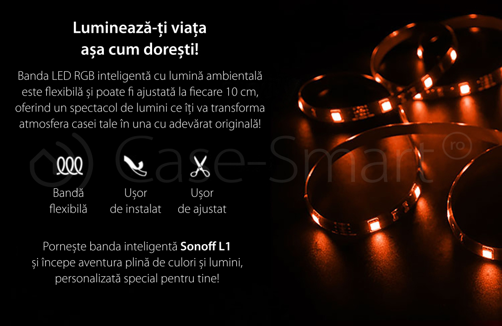Striscia LED RGB Intelligente Wireless Sonoff L1, Lunghezza 2 m, Telecomando incluso, Controllo vocale, Controllo tramite smartphone.