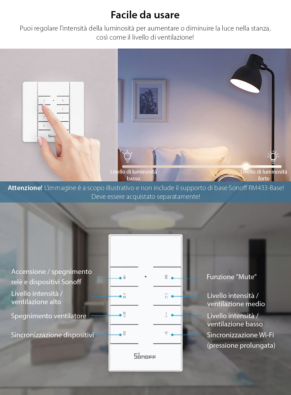 Telecomando RF Sonoff RM433 con Funzione di Sincronizzazione Wi-Fi, Regolazione Intensità Luminosa, Regolazione Velocità Ventilatore