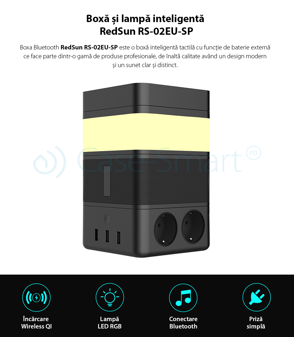 Altoparlante portatile con lampada intelligente Redsun RS-02EU-SP, Funzione di batteria esterna, Caricatore wireless, Bluetooth