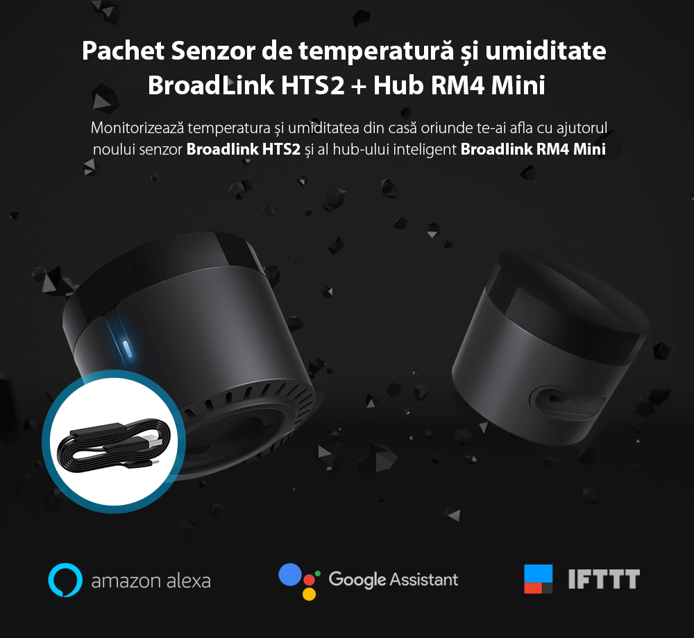 Pacchetto BroadLink Hub RM4 Mini + Sensore di temperatura e umidità HTS2