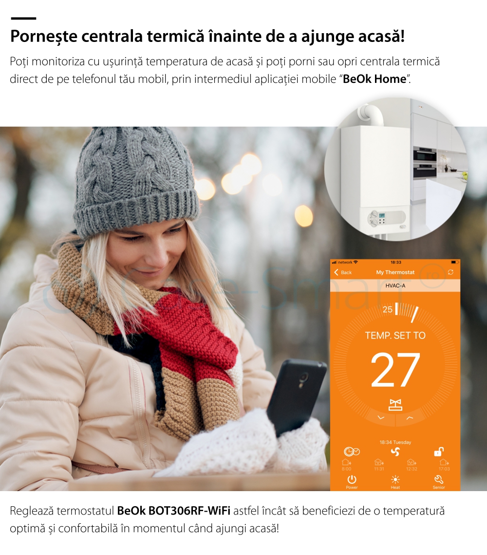 Termostato Wi-Fi per caldaia a gas e riscaldamento a pavimento con agente termico BeOk BOT306RF-WIFI, Programmabile, Memorizzazione impostazioni, Antigelo, Controllo da cellulare