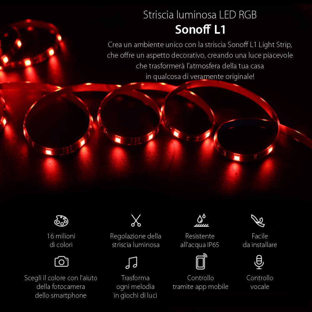 Striscia LED RGB Intelligente Wireless Sonoff L1, Lunghezza 2 m, Telecomando incluso, Controllo vocale, Controllo tramite smartphone.