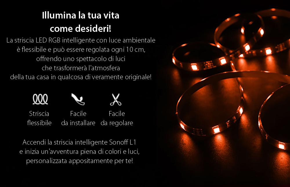 Striscia LED RGB Intelligente Wireless Sonoff L1, Lunghezza 2 m, Telecomando incluso, Controllo vocale, Controllo tramite smartphone.