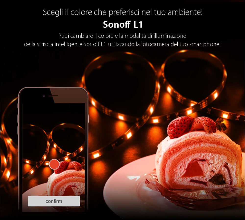 Striscia LED RGB Intelligente Wireless Sonoff L1, Lunghezza 2 m, Telecomando incluso, Controllo vocale, Controllo tramite smartphone.