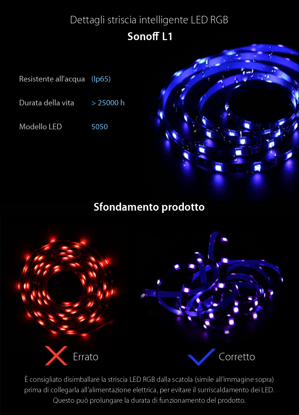 Striscia LED RGB Intelligente Wireless Sonoff L1, Lunghezza 2 m, Telecomando incluso, Controllo vocale, Controllo tramite smartphone.